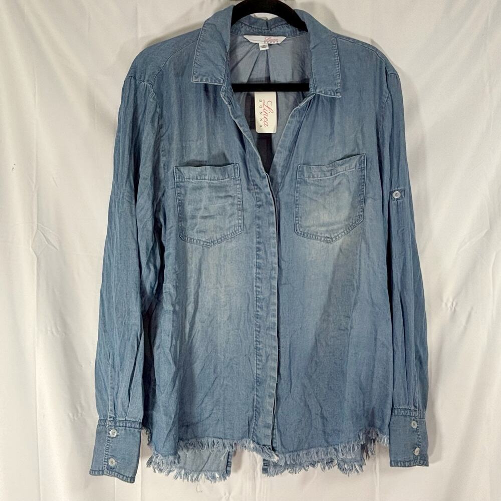 Linea Donna Women’s Blue Chambray Button-Down Shirt 2X, Raw Hem, 2 Front Pockets - Picture 2 of 7
